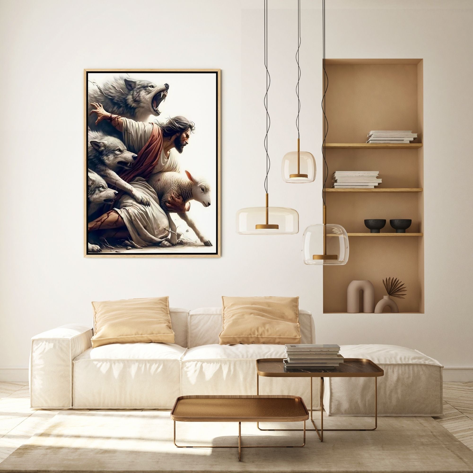 Jesus Protecting Lamb from Wolves - Canvas